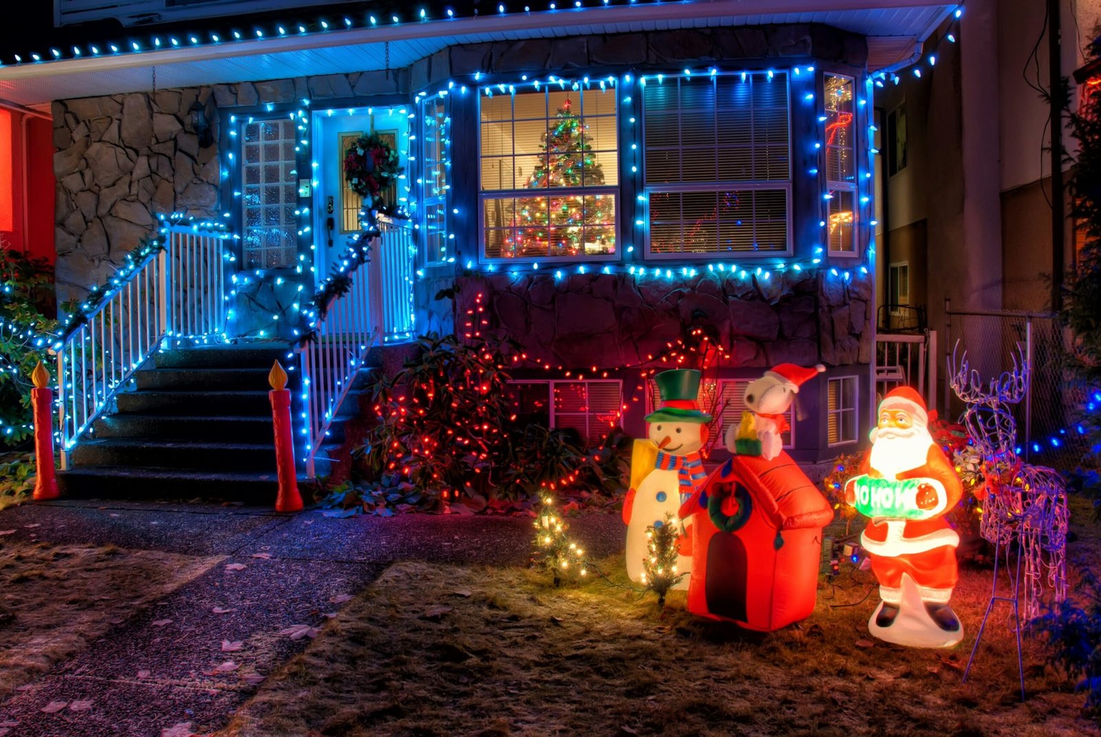 House exterior decorated for Christmas.
